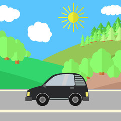 Black Car on a Road on a Sunny Day. Summer Travel Illustration. Car over Landscape.
