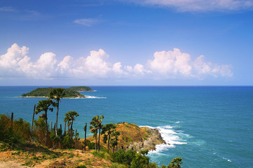 Fototapeta premium Phromthep cape viewpoint with blue sky Phuket,Thailand