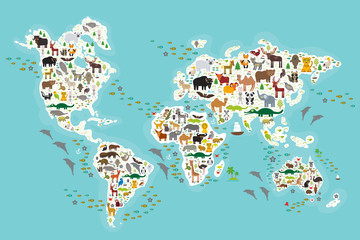 Cartoon-Tierweltkarte für Kinder und Kinder, Tiere aus aller Welt, weiße Kontinente und Inseln auf blauem Hintergrund von Ozean und Meer. Vektor © EkaterinaP