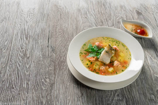 Beautiful presentation of the fish soup.