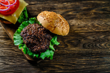A hamburger with fresh tomatoes, onions and spices.
