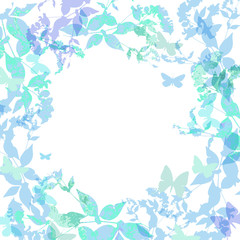 Spring background, Colorful butterflies set wreath with green mint leaves, watercolor. Round banner for text. spring summer card design on white background. Vector