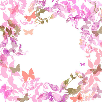 Spring background, Colorful butterflies set wreath with pink lilac leaves, watercolor. Round banner for text. spring summer card design on white background. Vector