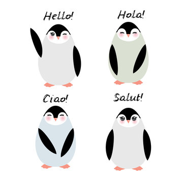 Funny penguins on white background. Hello in English Spanish Italian French Language. Vector