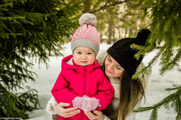  walk mom and daughter in the woods