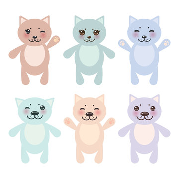 set funny cats, pastel colors on white background. Vector