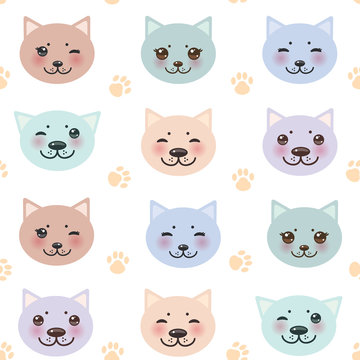 seamless pattern funny cat muzzle and paw prints on white background. Vector