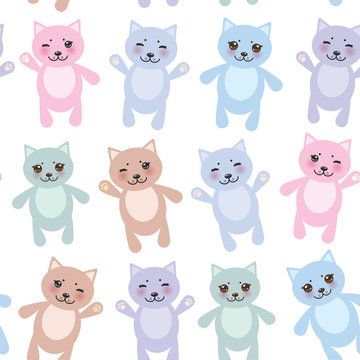 set funny cats, pastel colors on white background seamless pattern. Vector