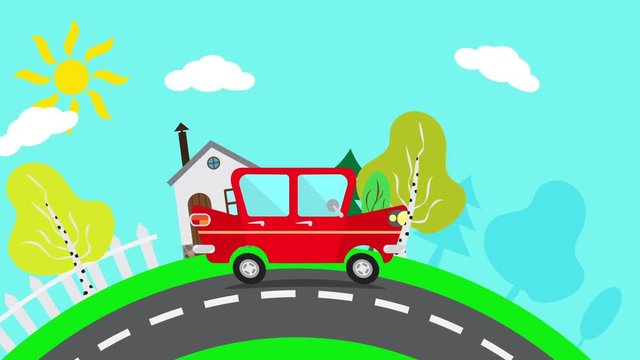 Animation riding car. Red car goes on the suburbs. Red car on a sunny day rides along the way. Loop animation.