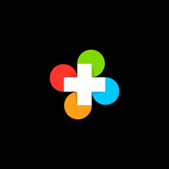 Fototapeta premium Isolated abstract colorful cross round medical logo. Religious sign. Doctor's office emblem. Ambulance label. First aid symbol. Plus button. Vector illustration.