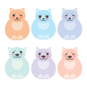 set sitting funny fat cats, pastel colors on white background. Vector