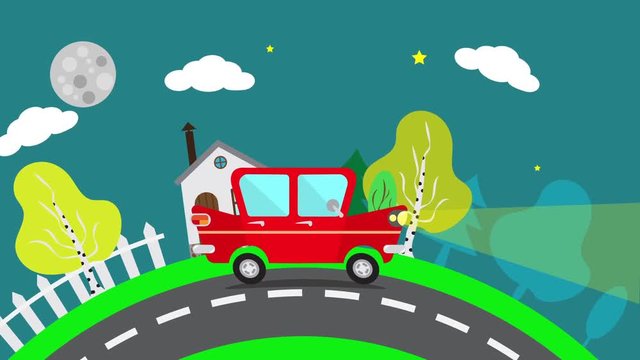 Cartoon car driving on a suburban road at night. Red car rides in the evening landscape. Flat animation.