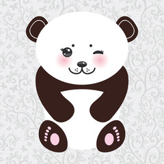 Kawaii funny panda white muzzle with pink cheeks and winking black eyes. Vector