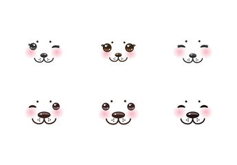 Kawaii funny albino animal white muzzle with pink cheeks and winking eyes. Vector