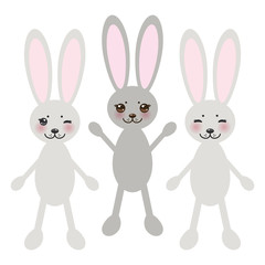 Kawaii funny rabbit on white background with pink cheeks and big black eyes. Vector