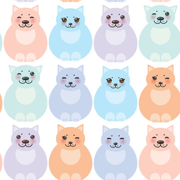 set funny cats, pastel colors on white background seamless pattern. Vector
