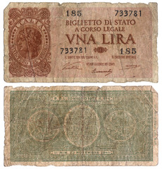 Fototapeta na wymiar Old Italian Banknote - One Lire 1933