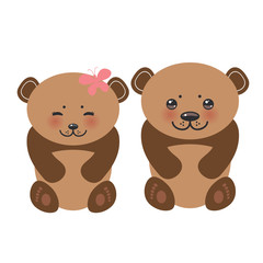 Obraz na płótnie Canvas Kawaii funny brown bears girl and boy white muzzle with pink cheeks and big black eyes. Vector