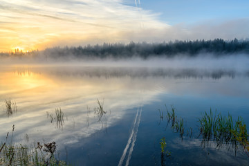 lake sunrise fog sun mist