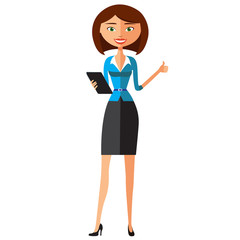 Lady showing something important on the tablet vector cartoon illustration.
