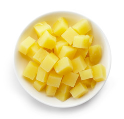 bowl of diced boiled potatoes, from above