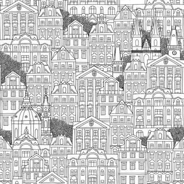 Prague, Czech Republic - hand drawn seamless pattern of Czech houses and cathedrals