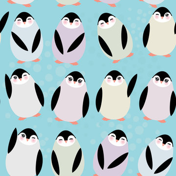 Funny penguins on blue background seamless pattern. Vector