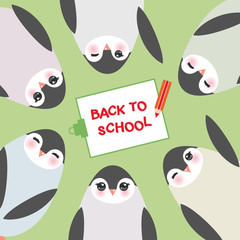 clipboard with pencil, back to school, Funny penguins on green background card template. Vector