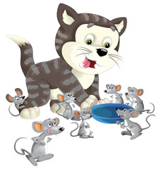 Cartoon happy cat standing smiling and thinking around the mice - bowl for milk - isolated - illustration for children