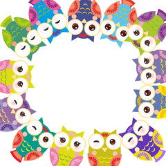 Naklejka premium Funny colorful owls on white background card template. Vector