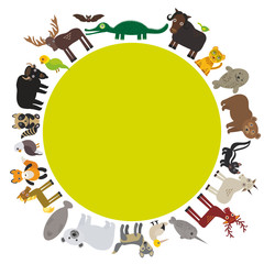 Animal round frame, bison bat manatee fox elk horse wolf fur seal Polar bear Mountain goat raccoon Eagle skunk parakeet Jaguar narwhal elk Grizzly gannet Muskox alligator. Vector