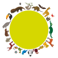 Fototapeta premium Round frame. Sloth anteater toucan lama bat seal armadillo boa manatee monkey dolphin Maned wolf raccoon jaguar Hyacinth macaw lizard turtle crocodile deer penguin Blue-footed booby Capybara. Vector