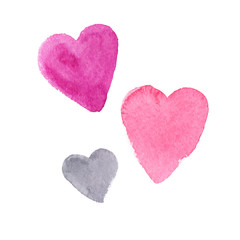 Set of three simple pastel hearts painted in watercolor on clean white background
