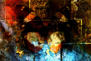 butterfly on crackled wall texture, color crackle background, computer graphic.