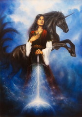 Obraz premium mystic woman in historic dress, holding her sword emanating a light ray tho the earth and acompanied by her mighty black unicorn.