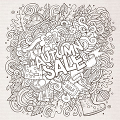 Cartoon cute doodles hand drawn Autumn sale inscription