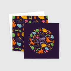 Vector greeting cards. Autumn elements made in circle with monoline lettering. Seamless pattern with mushroom, acorn, oak, maple leaves.