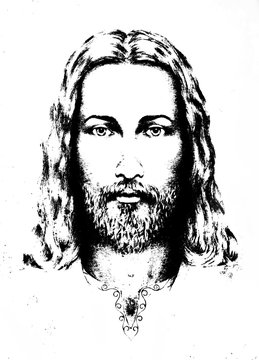 graphic drawing of Jesus, with ornament on clothing. Eye contact. Spiritual concept.
