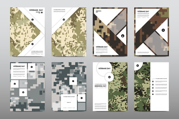 Set of Veterans Day brochure, poster templates in khaki style. Beautiful design and layout
