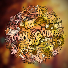 Cartoon cute doodles hand drawn Thanksgiving inscription