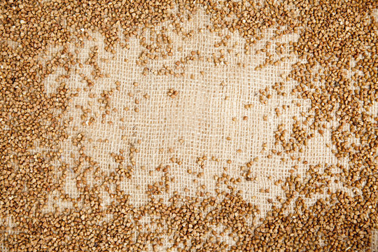 Background of buckwheat on sack cloth. frame