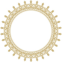 Oriental round frame with arabesques and floral elements. Floral fine border. Greeting card with place for text. Golden round pattern