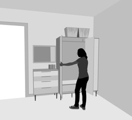 Fototapeta premium Young woman with interior vector silhouette people home decor background