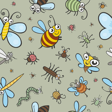 Funny bugs, ladybird and insects seamless vector texture. Childr
