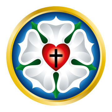 Luther rose, also Luther seal, symbol of Lutheranism, used by Martin Luther as an expression of his theology. Black cross in red heart for Holy Trinity, a white rose in sky blue field and golden ring.
