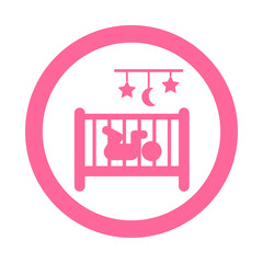 Icono plano bebé en cuna en circulo color rosa