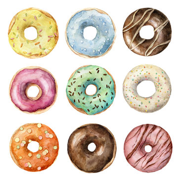 hand painted watercolor set of colorful glazed donuts isolated on white. Bakery illustration. Watercolor donuts set