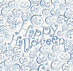 Naklejka premium Doodle happy halloween wishes card with sketched set of pumpkins