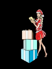 Deurstickers Kerstvrouw bestelt cadeautjes © emieldelange