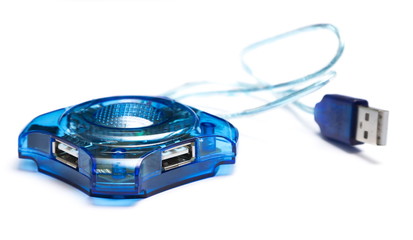 Blue usb hub on white background
